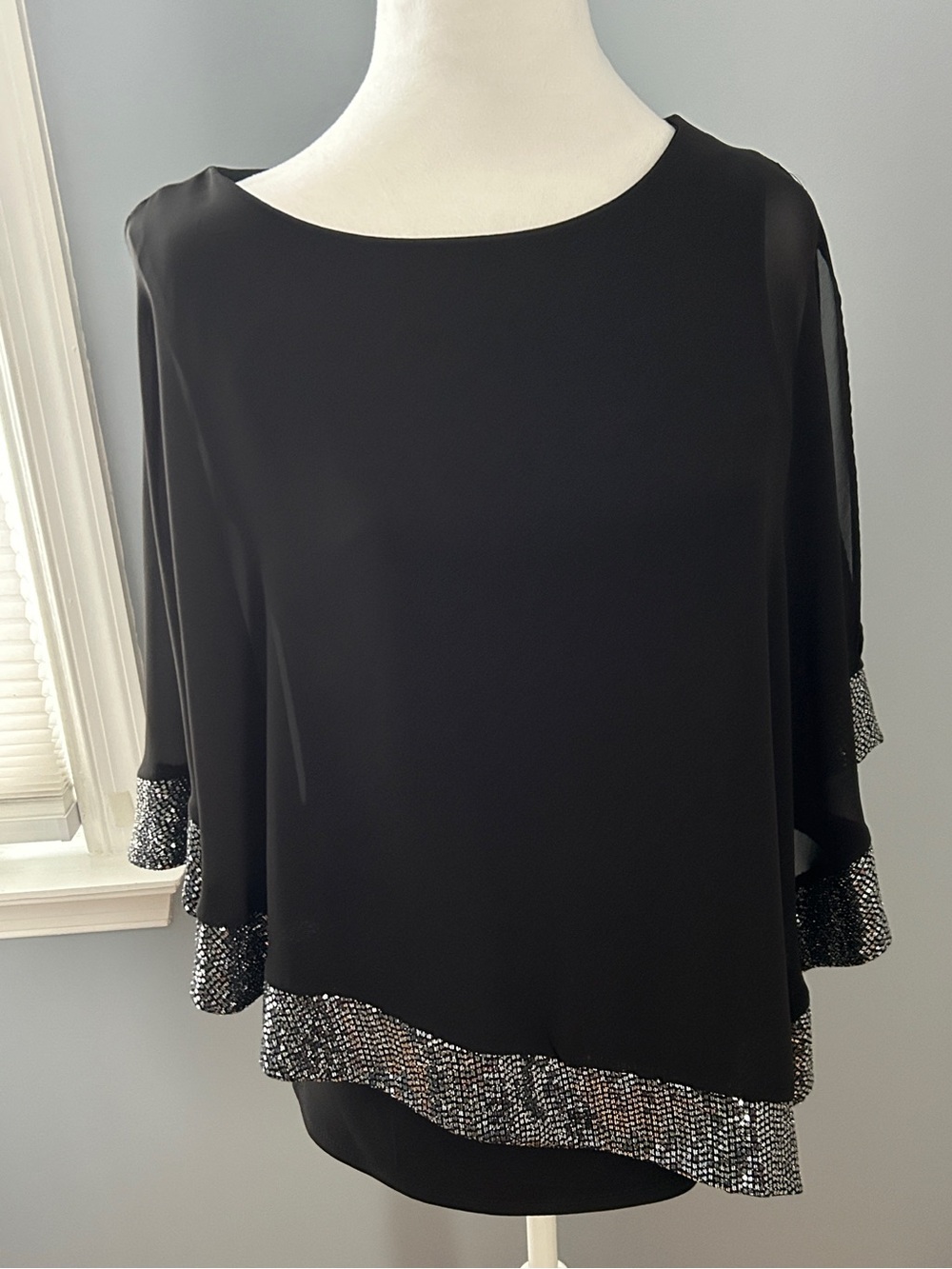 MSK NWT Small Chiffon Overlay Top Black Sequin Trim Asymmetrical Formal MOB
